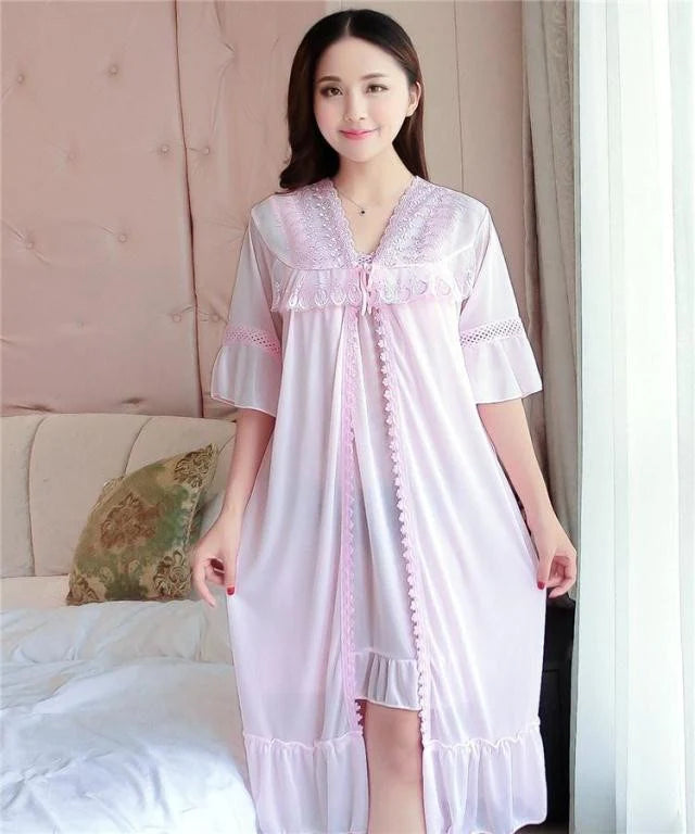 Thin Summer Ice Silk Two-Piece Short Nightgown - 2017