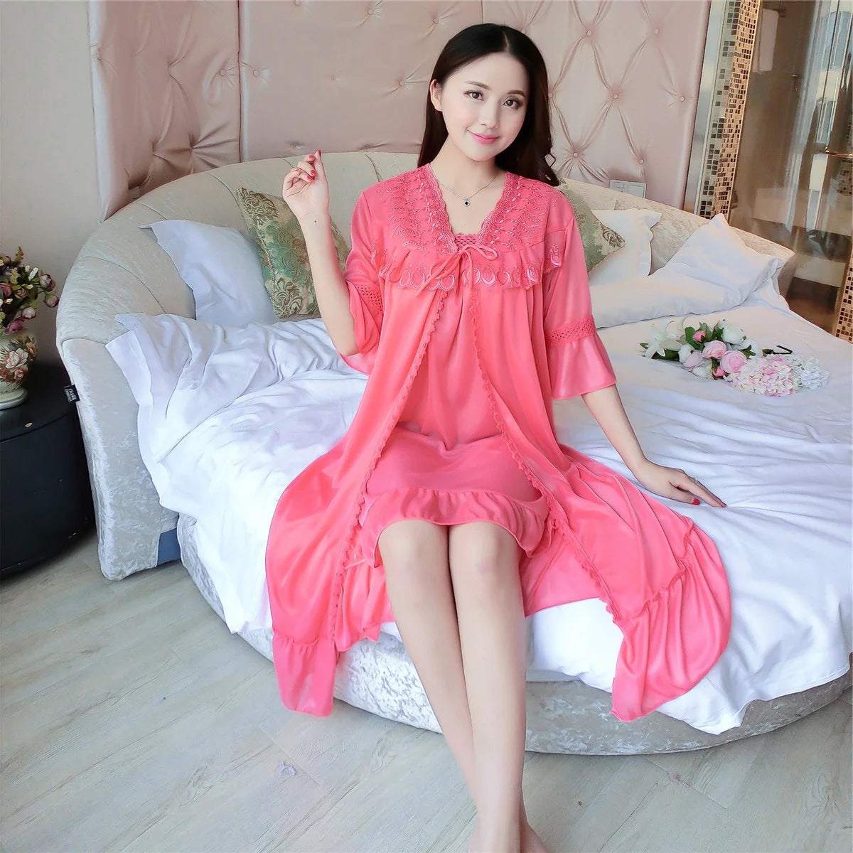 Thin Summer Ice Silk Two-Piece Short Nightgown - 2017